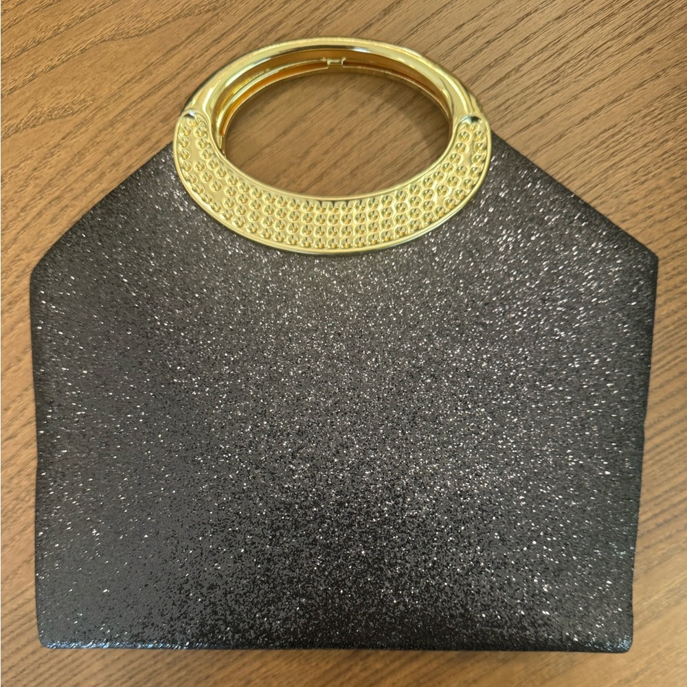 Black Glitter/Shiny Evening clutch Handbag With Elegant Gold Ring Handle